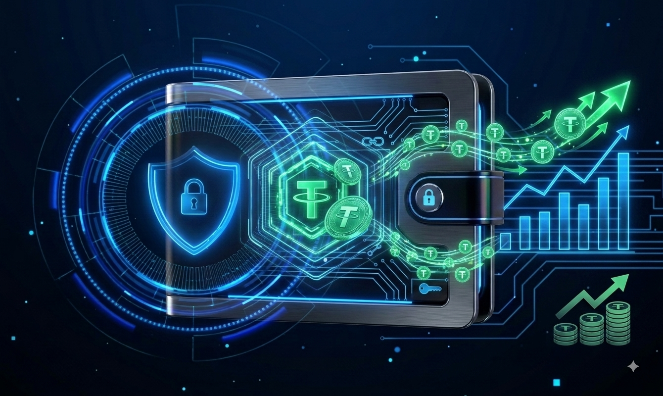 Futuristic digital wallet holding USDT tokens with a security shield and rising growth charts