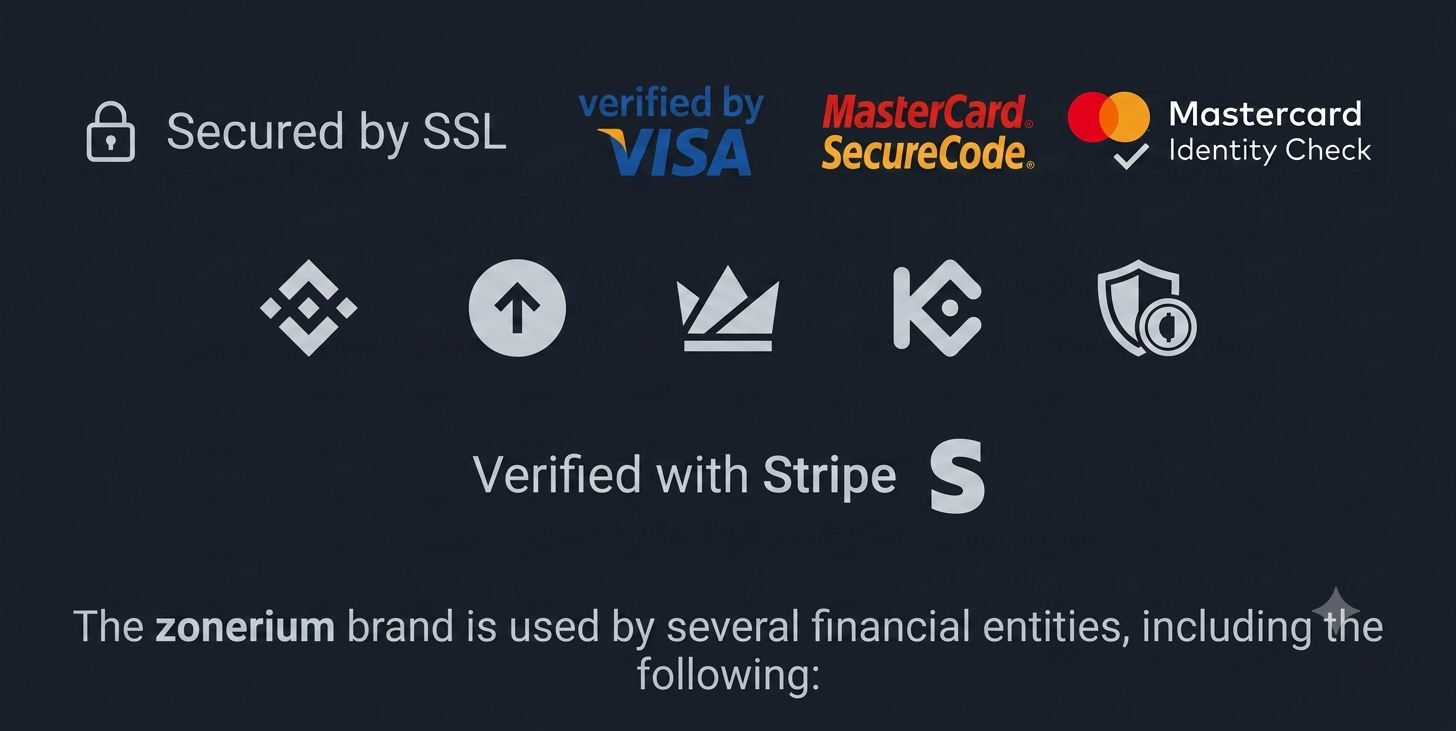 Secured by SSL, Verified by Visa, MasterCard SecureCode, Mastercard Identity Check, Binance, KuCoin and Stripe verification badges for Zonerium
